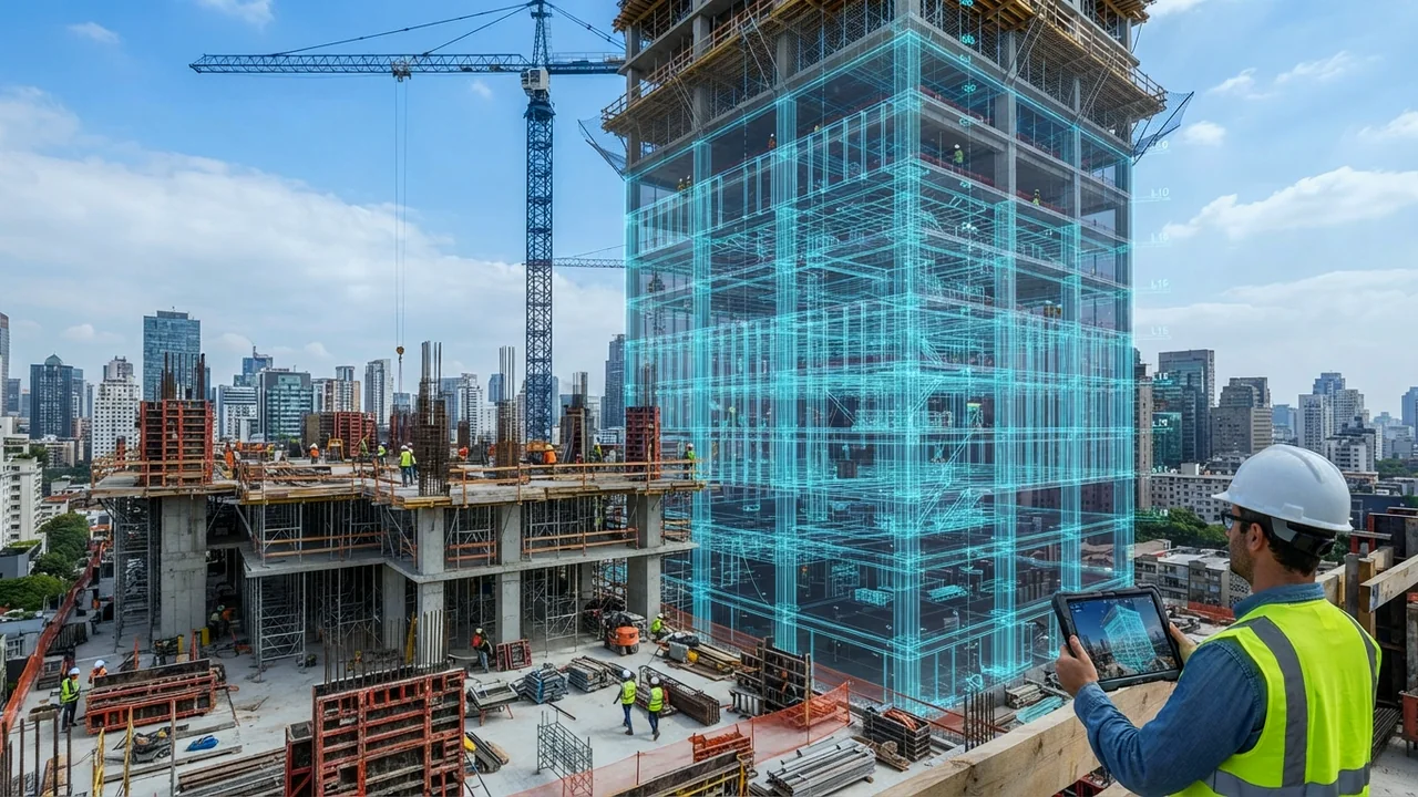建設現場の実空間に重ねたBIMワイヤーフレームをタブレットで確認する作業員