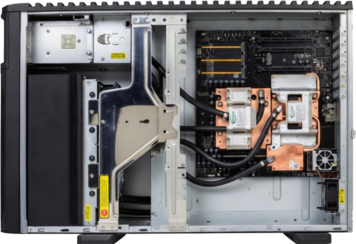 GWS-GB300SM の内部。コールドプレートから左端の大型ラジエーターへ配管が伸びる